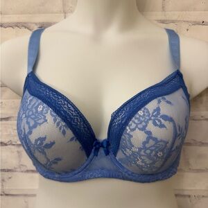 Adore Me Bra Size 42D Blue White‎ Floral Mesh Lace Bow Underwire Sexy